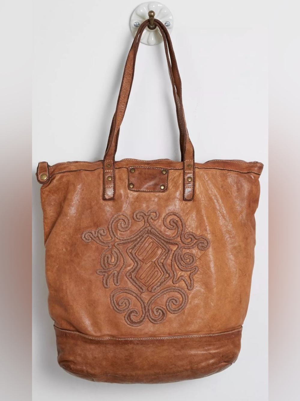 Free People Langelotti Tote Bag, Washed Leather Embroidered Whiskey, New